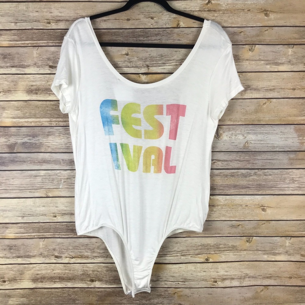 Project Social T Top Womens XL White Festival Graphic Bodysuit Jersey Low Back
